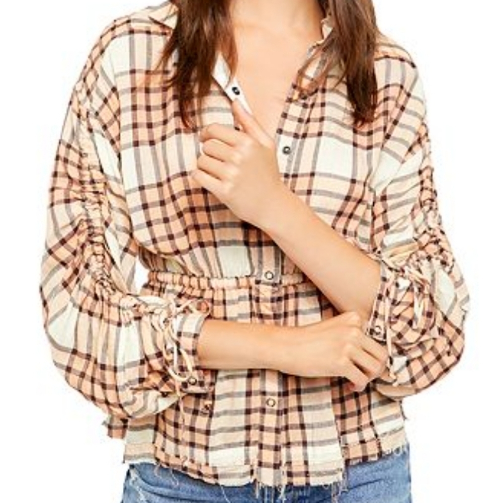 Free People | Pacific Dawn Plaid Button Tie Sleeve Top - Picture 2 of 9